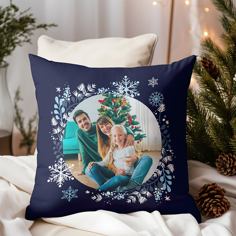 Blue Christmas Snowflake Photo Cushion